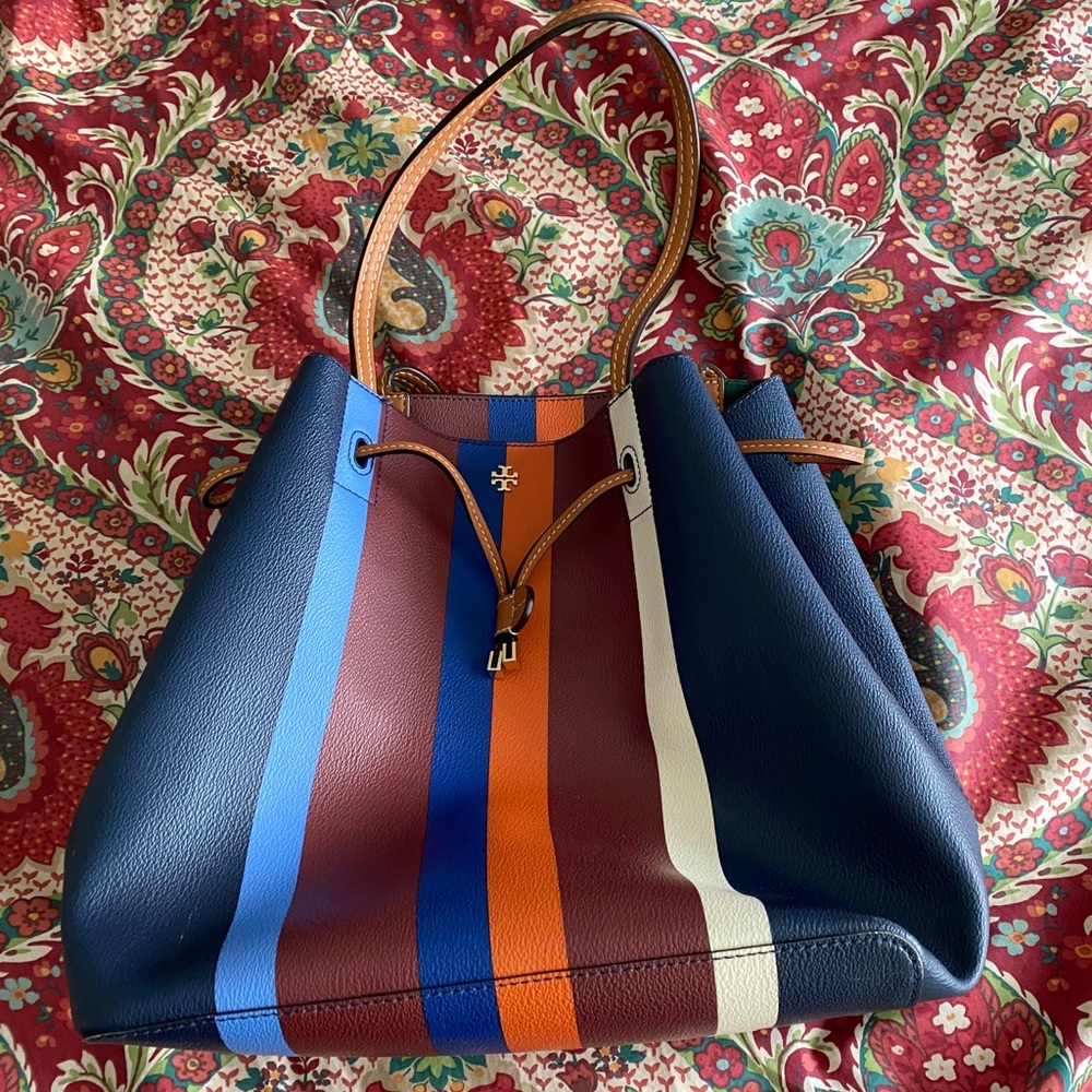 Tory Burch Navy Multi-Stripe Leather Drawstring Tote